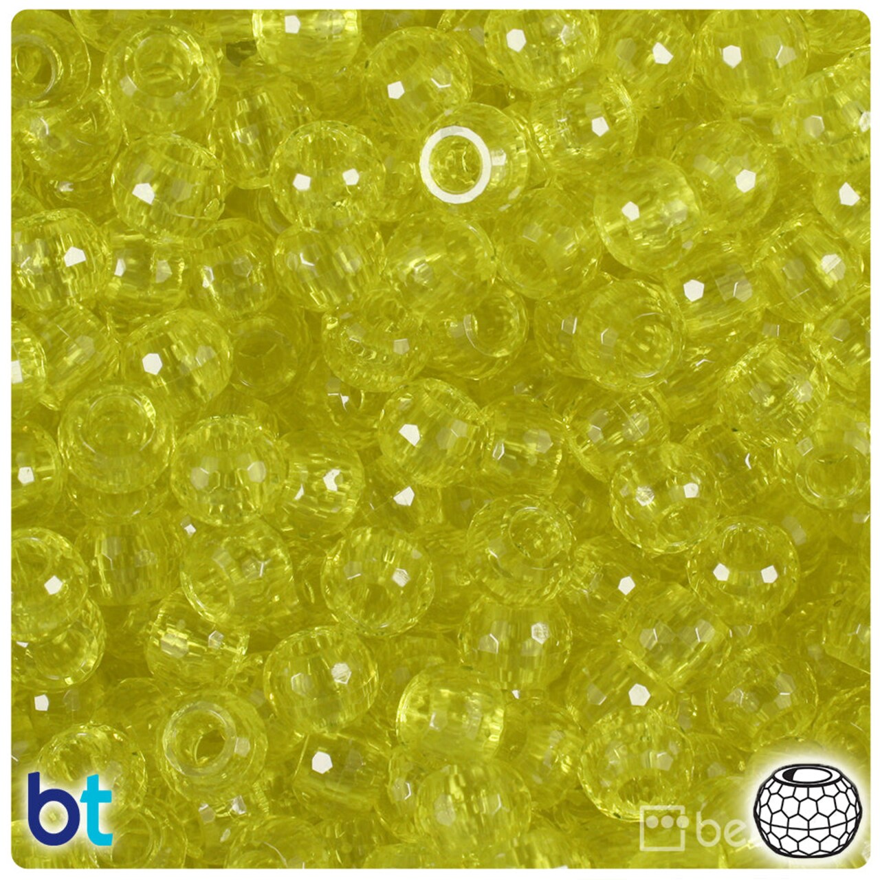 BeadTin Yellow Transparent 9mm Faceted Barrel Plastic Pony Beads (500pcs)